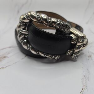 Brighton Women's Small Black Leather Belt with Ornate Silver Buckle